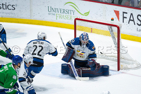 Sun, March 13, 2022 Abbotsford Canucks take Colorado Eagles 5–4 in OT at Abbotsford Event Centre in Abbotsford, BC
