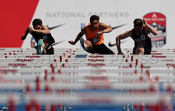 Joey Daniels of Berlin Athletics wins the Senior Men's 110 Metre Hurdle with a time of 13.96 at the Canadian Track and Field Championships in Langley, BC Canada, 26 Jun 2022