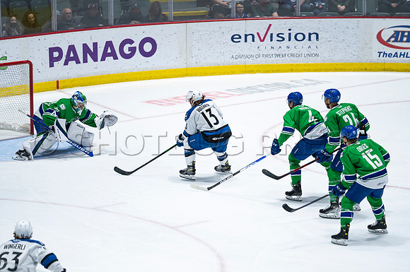 Sun, March 13, 2022 Abbotsford Canucks take Colorado Eagles 5–4 in OT at Abbotsford Event Centre in Abbotsford, BC