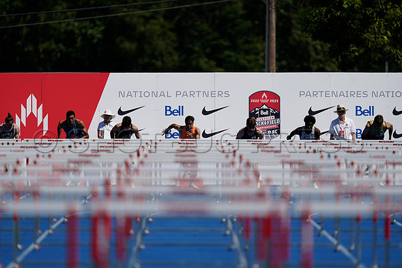 Joey Daniels of Berlin Athletics wins the Senior Men's 110 Metre Hurdle with a time of 13.96 at the Canadian Track and Field Championships in Langley, BC Canada, 26 Jun 2022