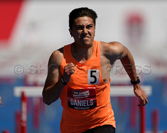 Joey Daniels of Berlin Athletics wins the Senior Men's 110 Metre Hurdle with a time of 13.96 at the Canadian Track and Field Championships in Langley, BC Canada, 26 Jun 2022