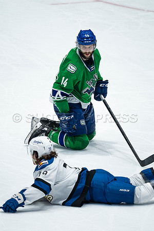 Sun, March 13, 2022 Abbotsford Canucks take Colorado Eagles 5–4 in OT at Abbotsford Event Centre in Abbotsford, BC