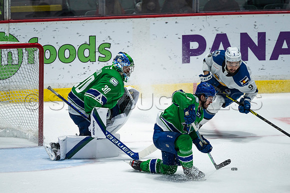 Sun, March 13, 2022 Abbotsford Canucks take Colorado Eagles 5–4 in OT at Abbotsford Event Centre in Abbotsford, BC