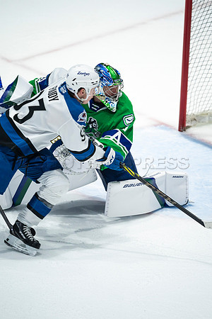 Sun, March 13, 2022 Abbotsford Canucks take Colorado Eagles 5–4 in OT at Abbotsford Event Centre in Abbotsford, BC
