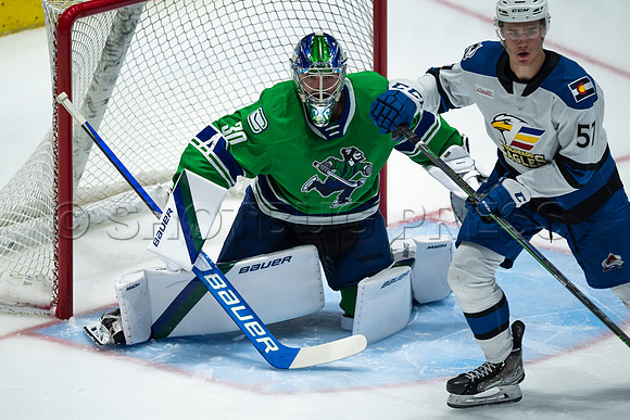 Sun, March 13, 2022 Abbotsford Canucks take Colorado Eagles 5–4 in OT at Abbotsford Event Centre in Abbotsford, BC