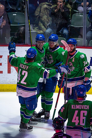 Sun, March 13, 2022 Abbotsford Canucks take Colorado Eagles 5–4 in OT at Abbotsford Event Centre in Abbotsford, BC