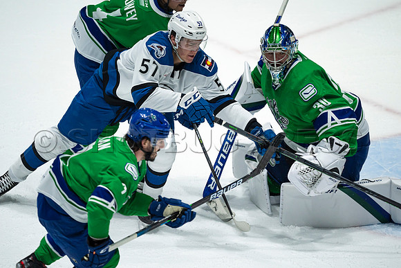 Sun, March 13, 2022 Abbotsford Canucks take Colorado Eagles 5–4 in OT at Abbotsford Event Centre in Abbotsford, BC