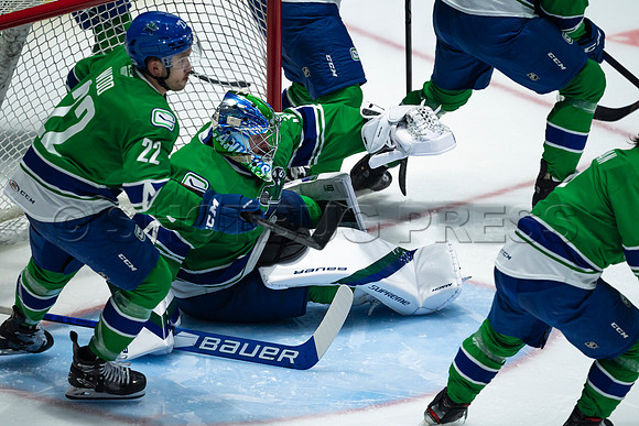 Sun, March 13, 2022 Abbotsford Canucks take Colorado Eagles 5–4 in OT at Abbotsford Event Centre in Abbotsford, BC